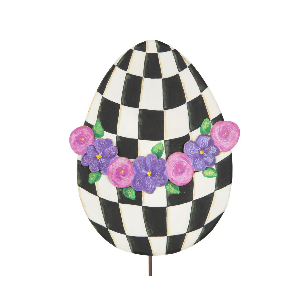 Elegant Egg Pansy banner stake featuring a floral pansy pattern in purple and yellow tones on white fabric.