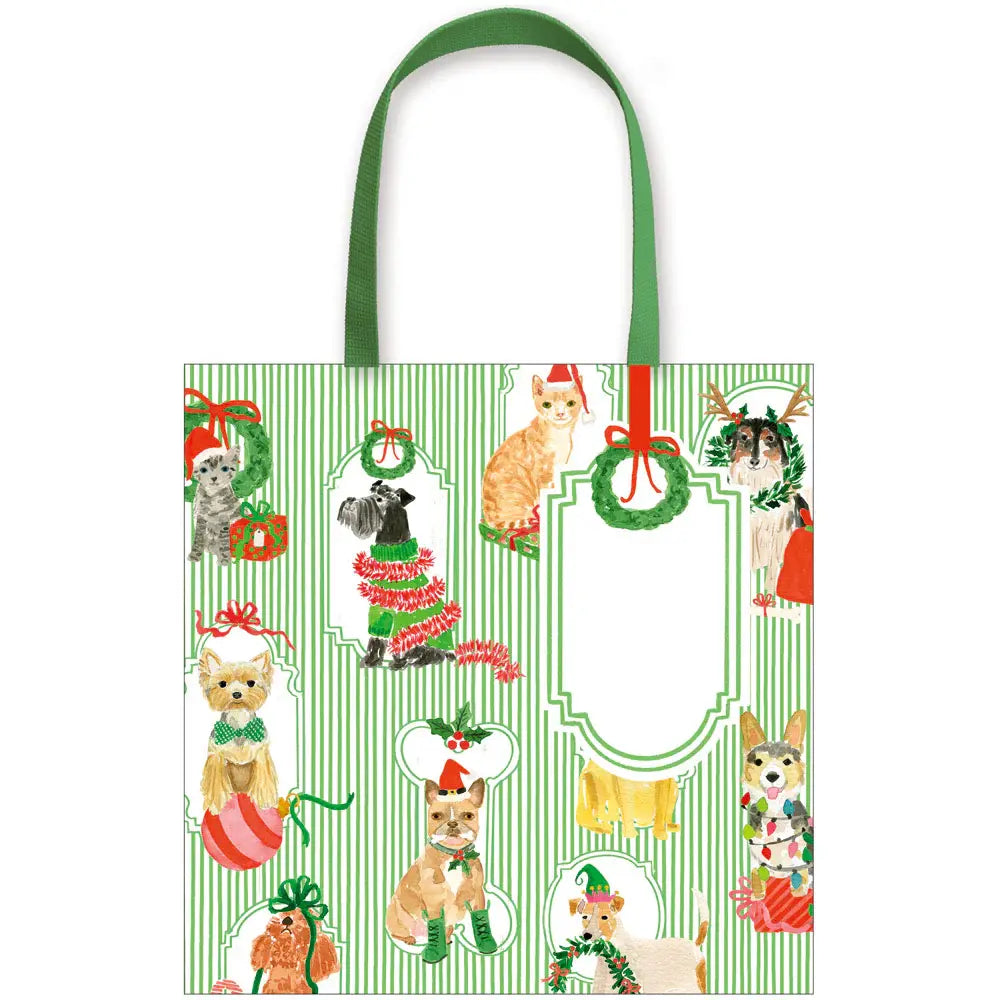 Small square gift bag with cheerful colors, eye-catching prints from artists worldwide, durable paper handle.