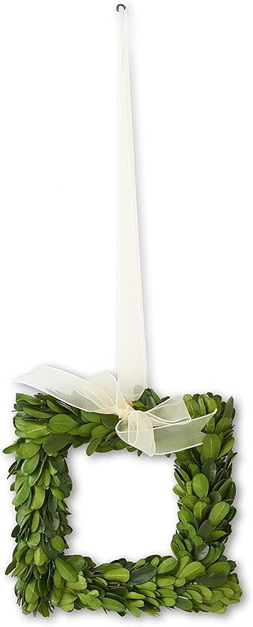 Square wreath made from preserved green boxwood with a natural organic texture.