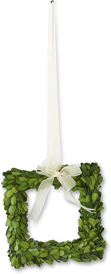 Square preserved boxwood wreath in natural green with a rustic wooden frame.
