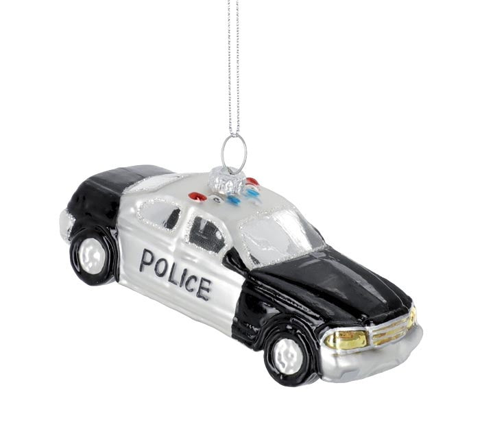 Pressed glass police car ornament with silver glitter accents on a hanging loop