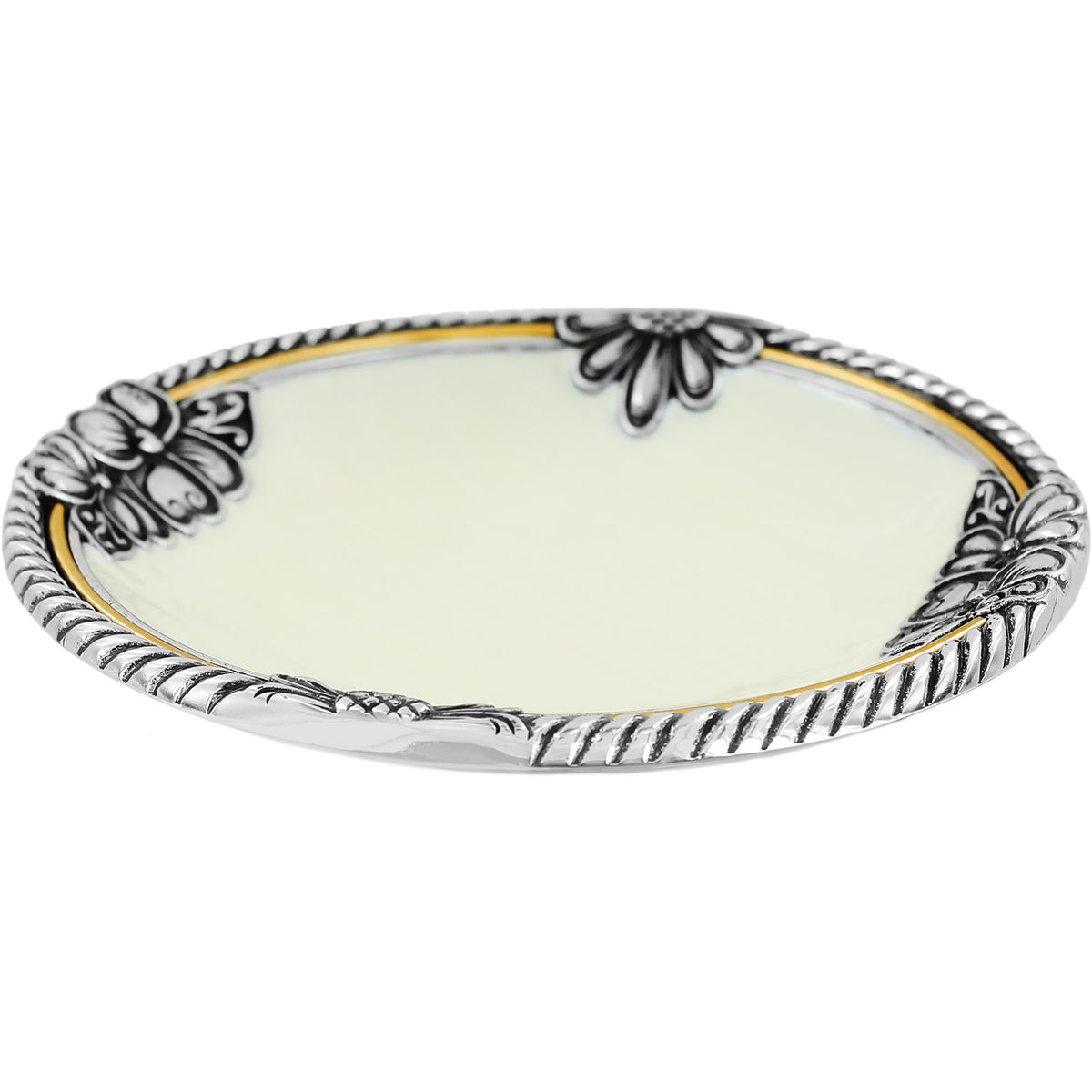Silver enamel trinket tray with pearl detailing