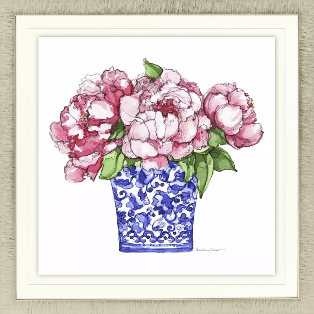 White float-mounted floral art with champagne gold frame
