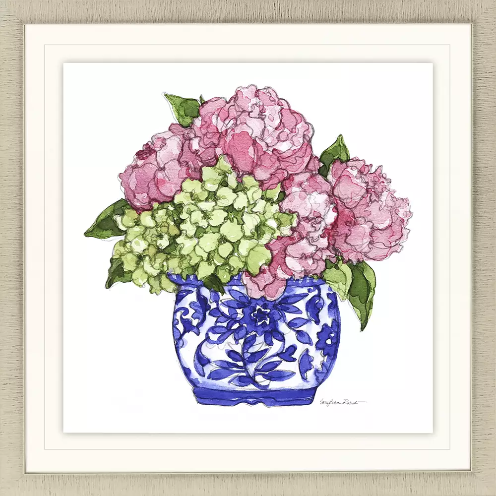 Float-mounted floral artwork in white petals with champagne gold block frame