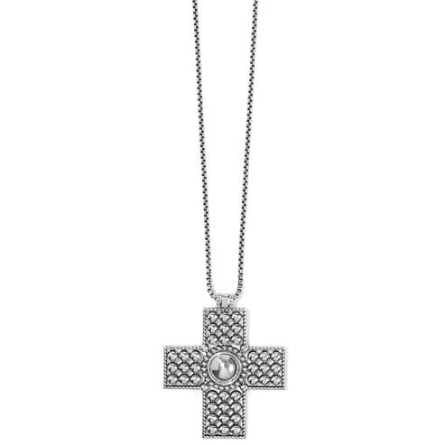Silver plated adjustable cross necklace with sculpted domes over a bold center bead.