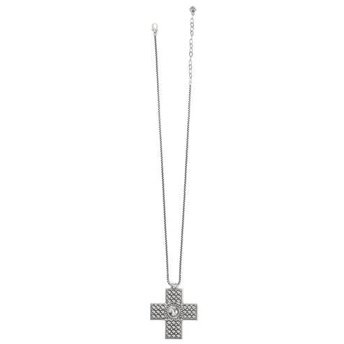 Silver plated adjustable cross necklace with sculpted domes over a bold center bead.