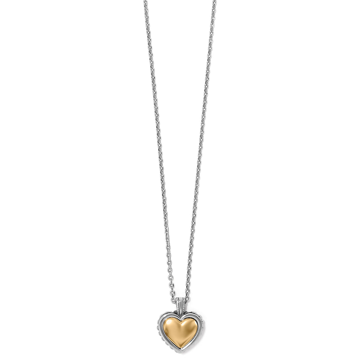 Silver-gold two-tone petite necklace featuring a domed beaded heart pendant on an adjustable chain.