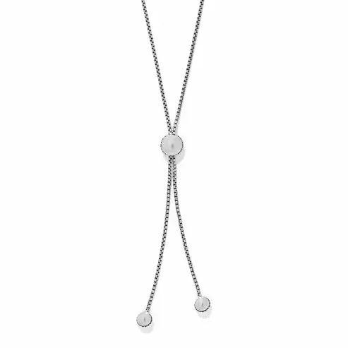 Silver-plated adjustable lariat necklace featuring a bold sphere pendant with sculpted beading and two smaller end caps.