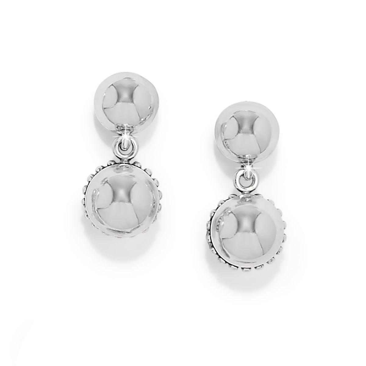 Silver plated post drop earrings with a flat disc back.