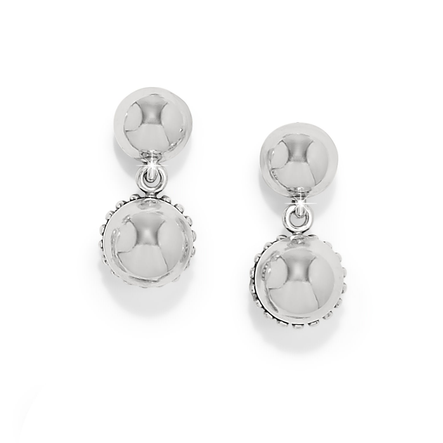 Silver plated post drop earrings with a flat disc back.