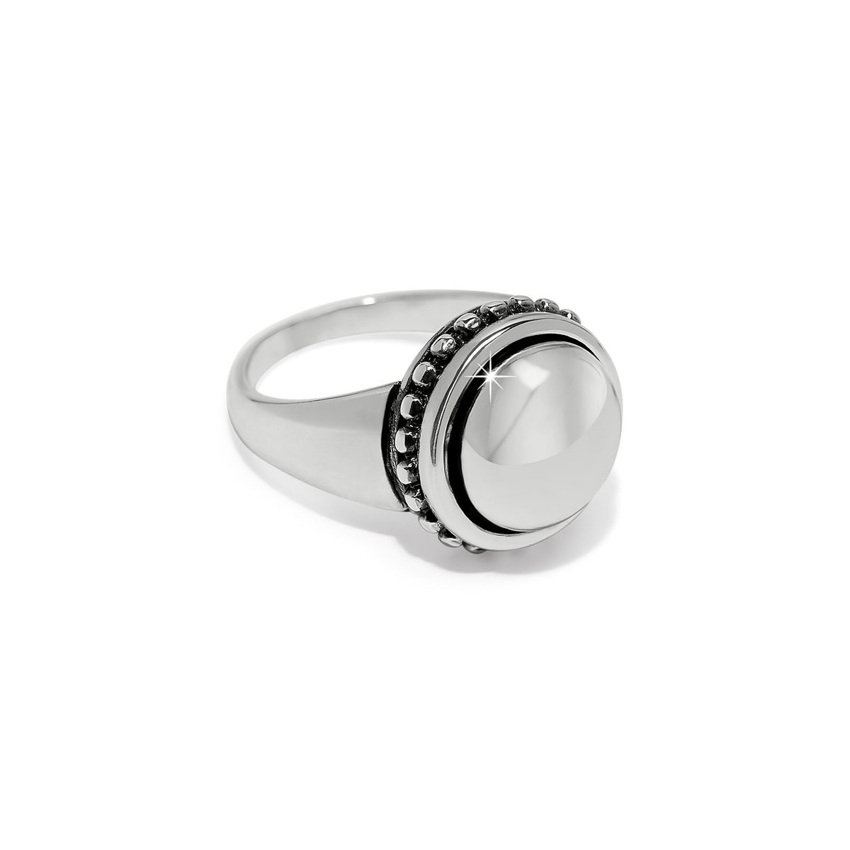 Silver plated bold stud ring with a wide band designed for stacking.