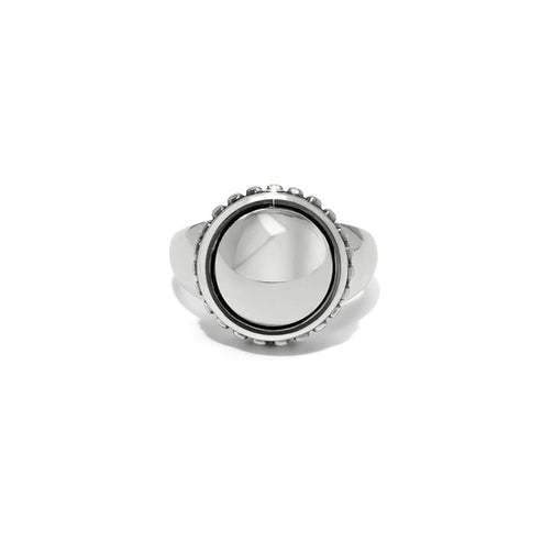 Silver plated bold stud ring with a wide band designed for stacking.