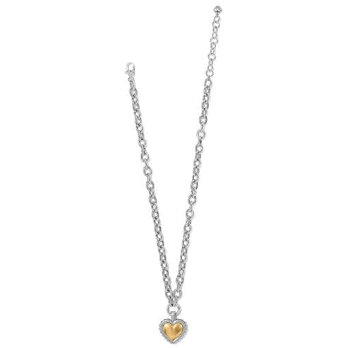Two-tone silver and gold adjustable necklace with a bold heart pendant on an 18-inch chain.