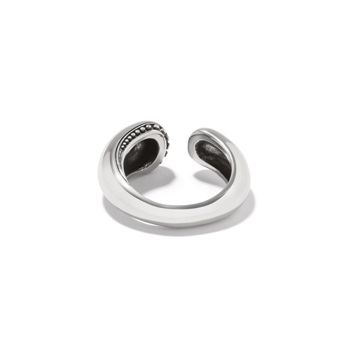 Silver plated droplet ring with tiny beading on one side and smooth finish.