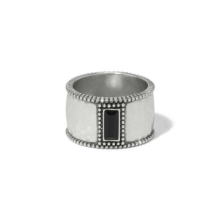 Wide silver-plated ring with hammered band, studded edges, and rectangular black crystal gemstone.