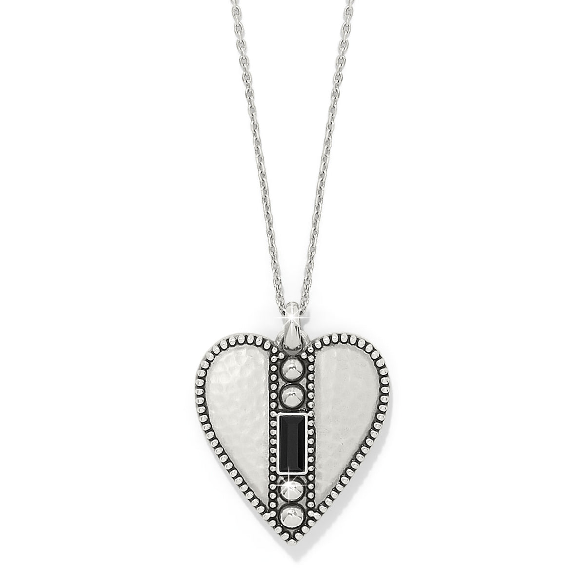 Silver-plated black crystal heart pendant necklace with lobster claw clasp on an adjustable chain.