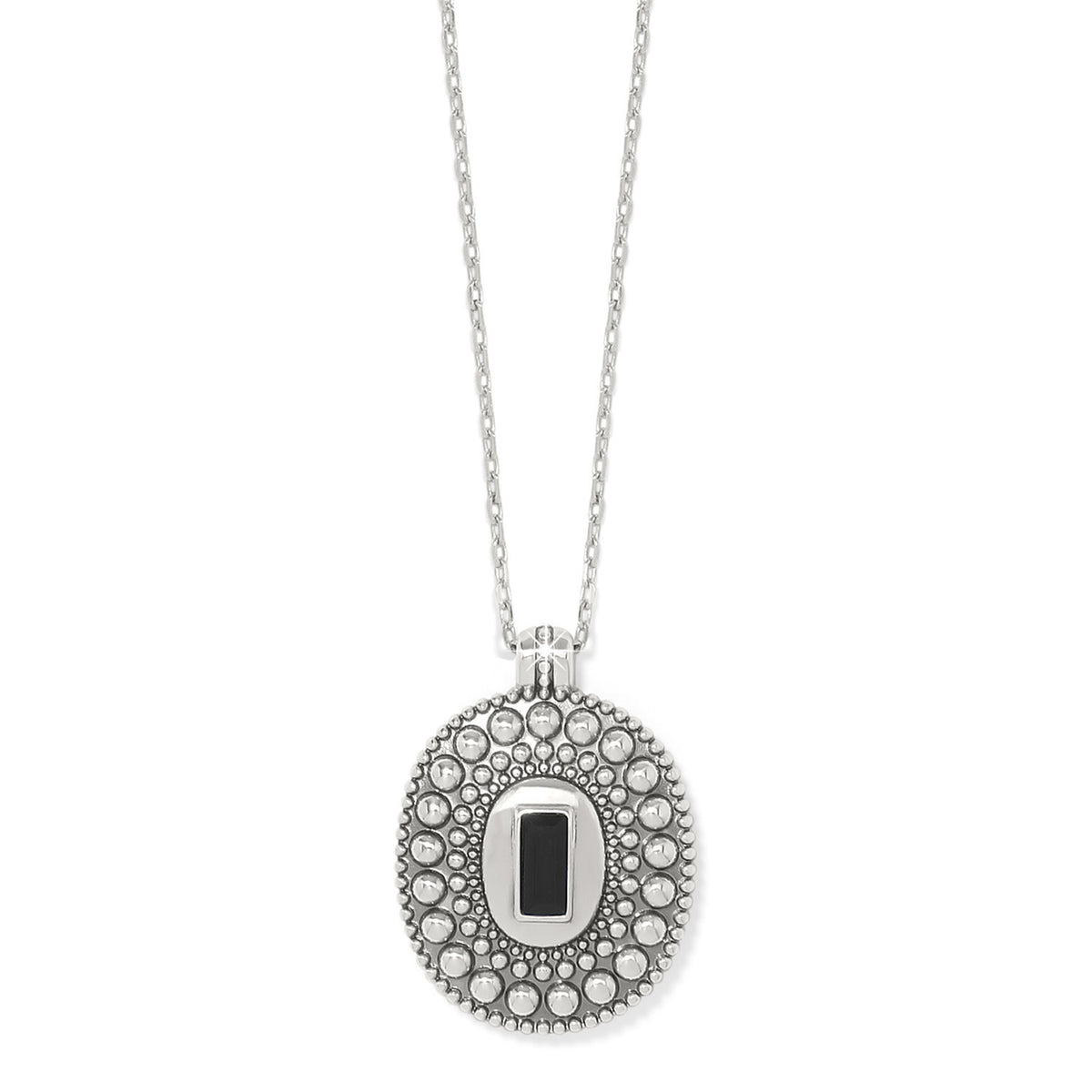Silver-plated adjustable necklace featuring a hand-set rectangular black crystal pendant with granulation detailing.