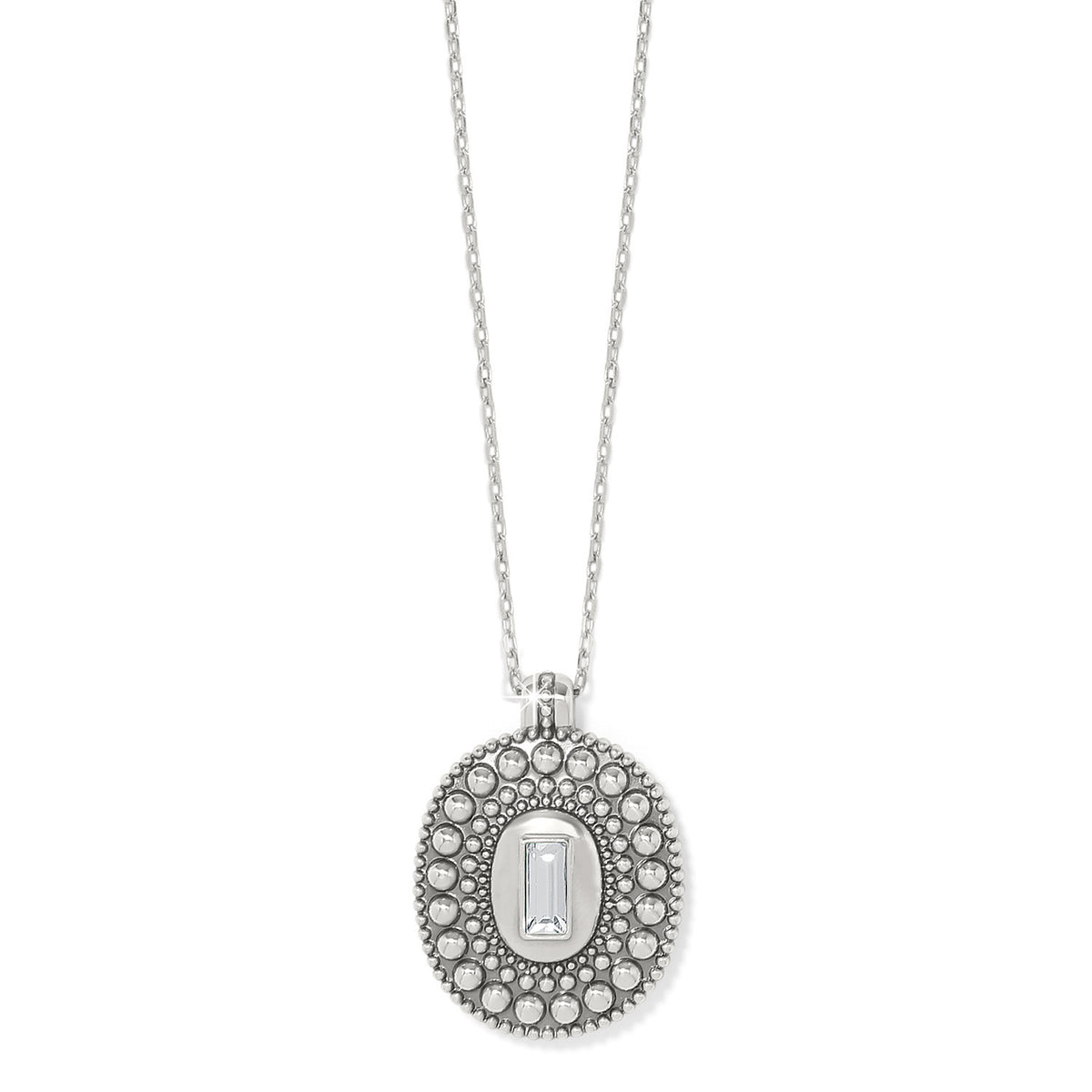 Silver plated adjustable necklace with hand-set rectangular crystal pendant featuring granulation inspired by Byzantine mosaic art.