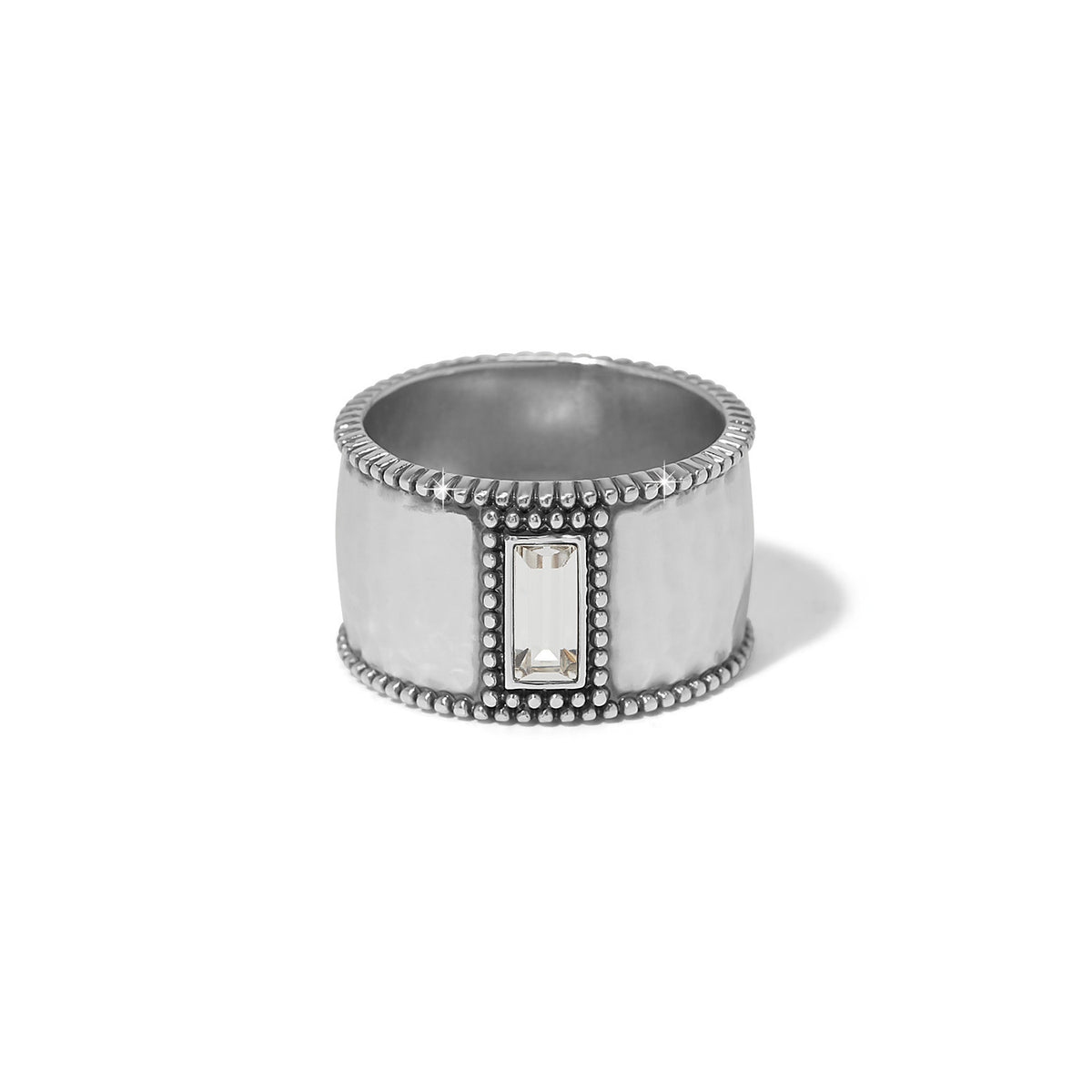 Silver plated wide band ring featuring bold fine quality crystals in a geometric pattern.