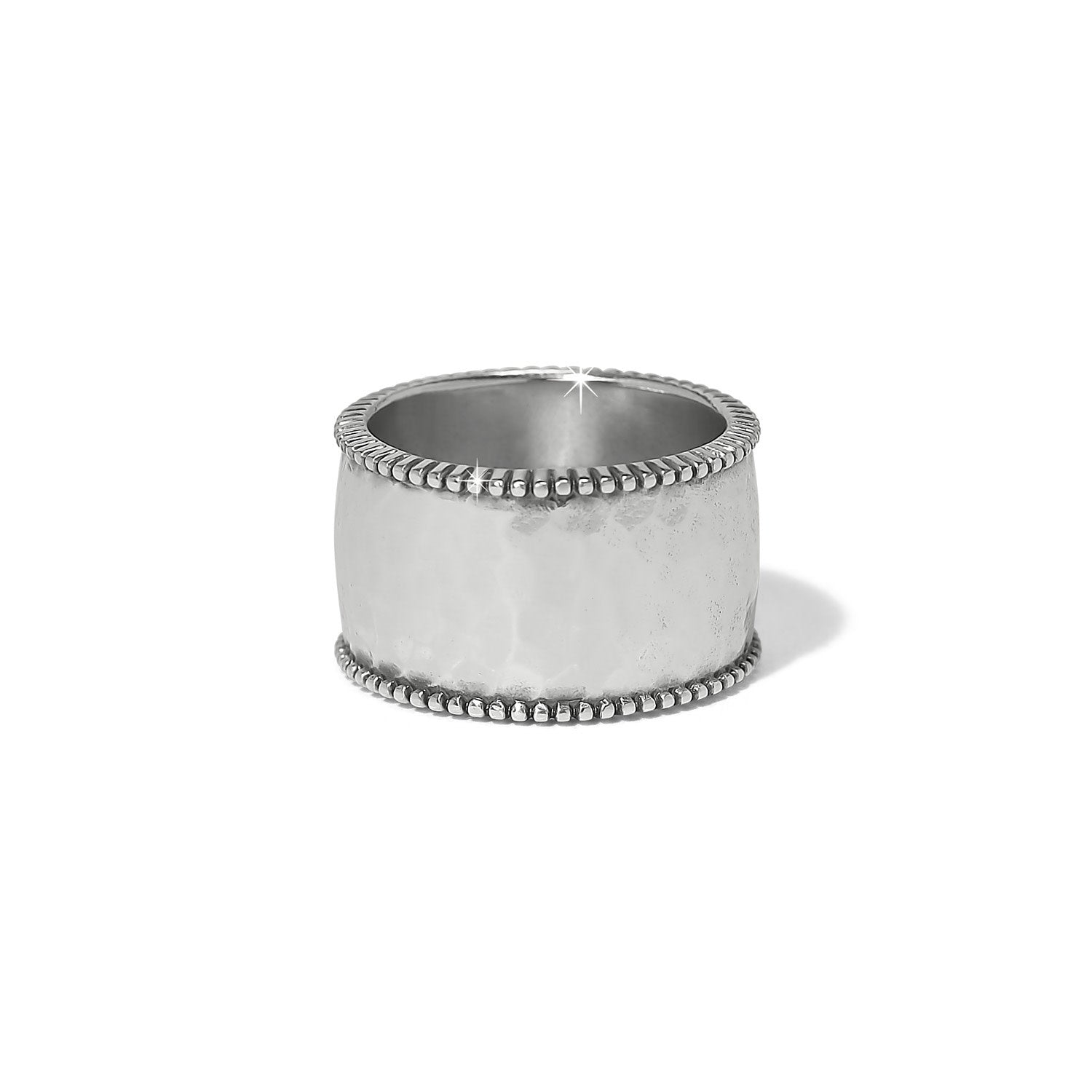 Silver plated wide band ring featuring bold fine quality crystals in a geometric pattern.