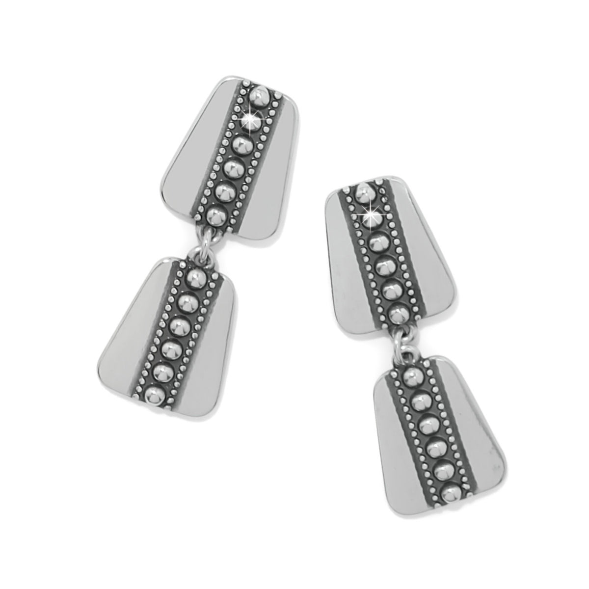 Silver plated post drop earrings with a flat disc back featuring a geometric pattern.