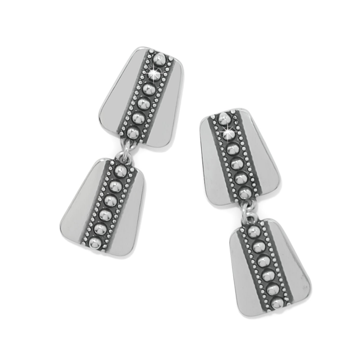 Silver plated post drop earrings with a flat disc back featuring a geometric pattern.