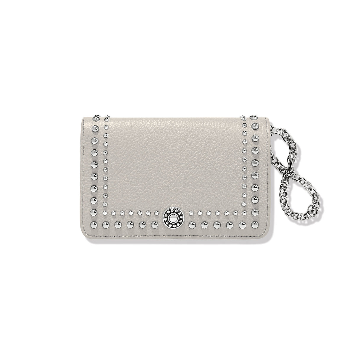 Moonstone leather medium wallet with snap closure, exterior pocket, ID window, eight card slots, and six interior pockets.