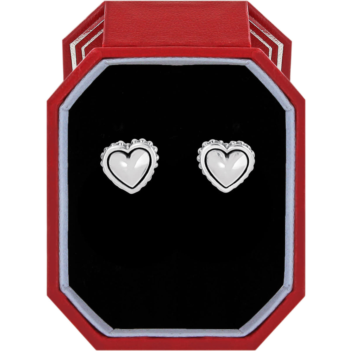 Silver plated post earrings featuring shiny bulbous heart shapes surrounded by a border of sculpted studding.