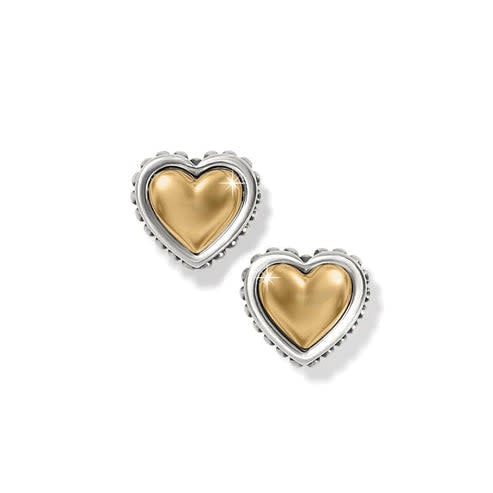 Two-tone silver and gold heart-shaped post earrings with studded detailing.