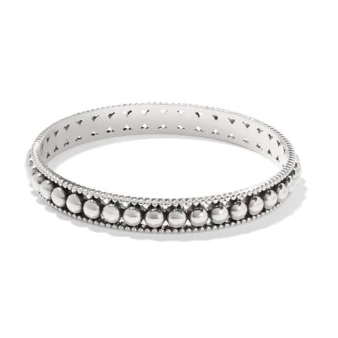 Silver plated bangle with symmetric beads in a pierced channel and linear textured sides.