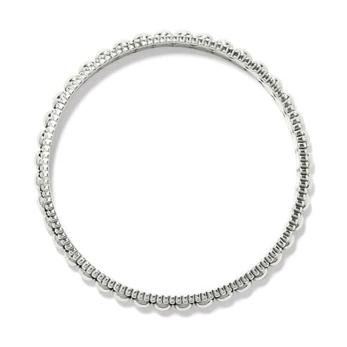Silver plated pierced bangle with symmetric silver beads in a channel and linear textured sides.