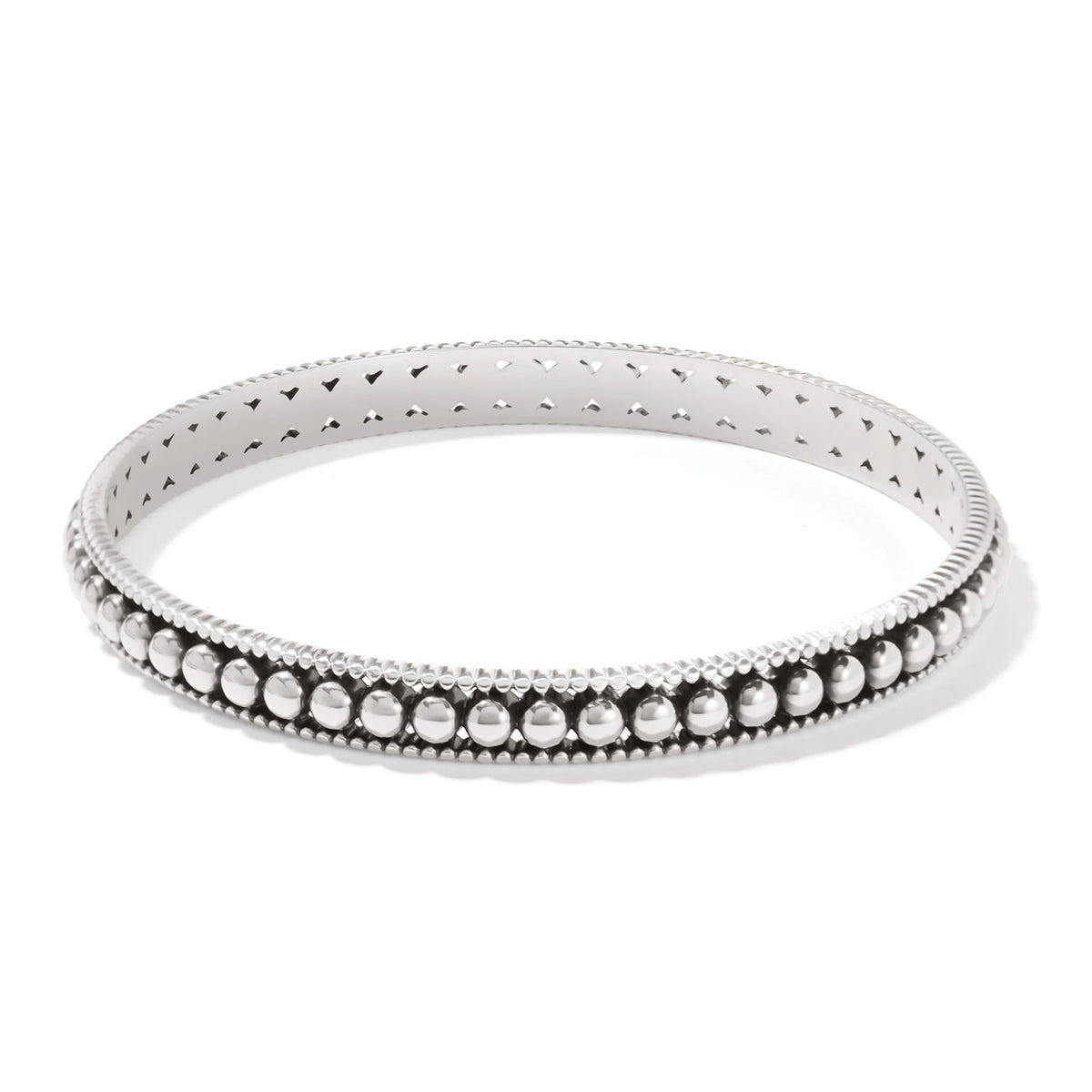 Silver plated slim bangle with symmetrical pierced channel beads and linear textured sides.