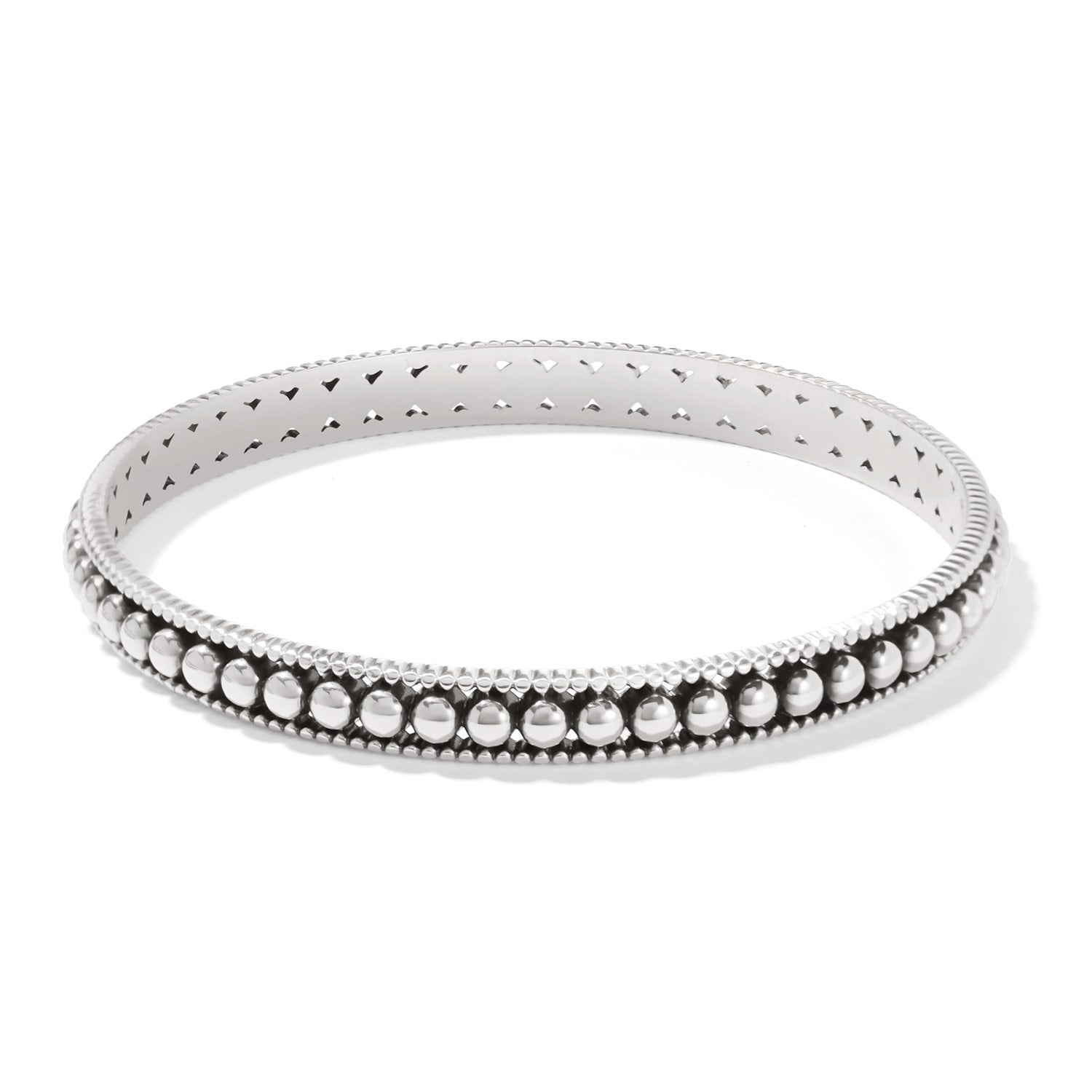 Silver plated slim bangle with symmetrical pierced channel beads and linear textured sides.