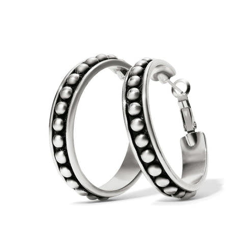 Silver plated large leverback hoop earrings with medium domed beading in an antiqued center channel.