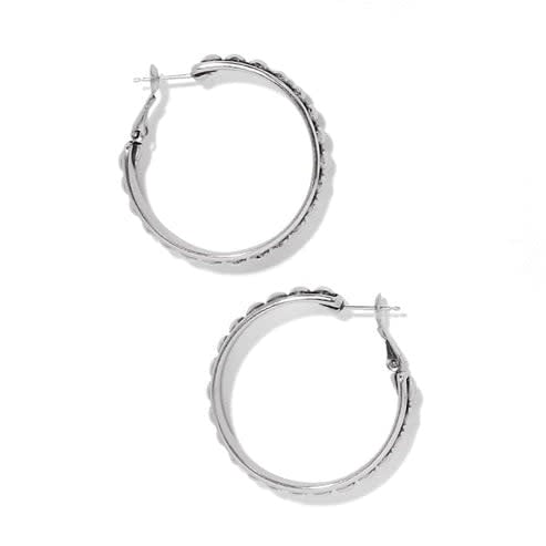 Silver plated large leverback hoop earrings with medium domed beading in an antiqued center channel.