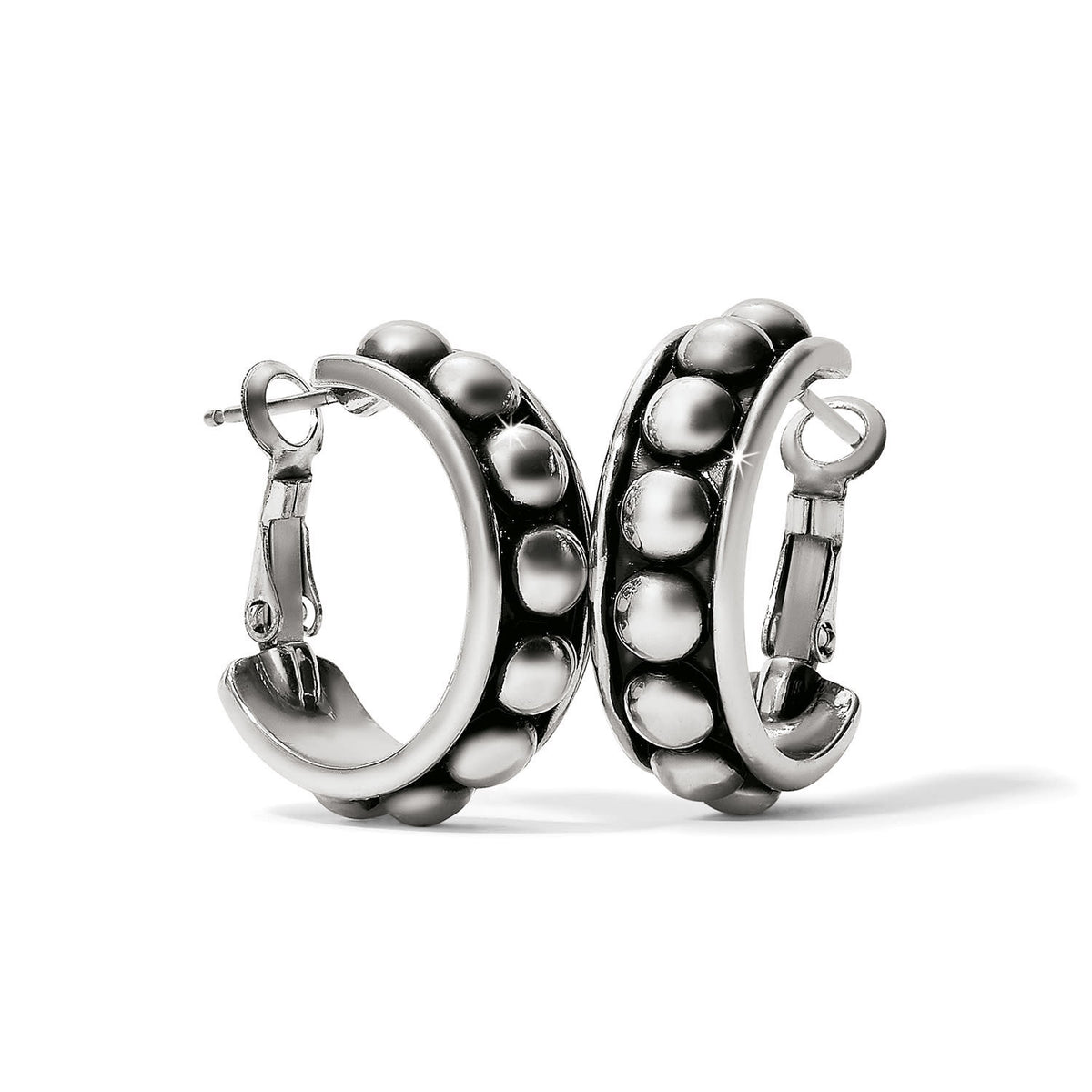 Silver plated medium hoop earrings with shiny domed beads set in a dark antique channel.