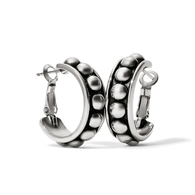 Silver plated medium hoop earrings with shiny domed beads set in a dark antique channel.