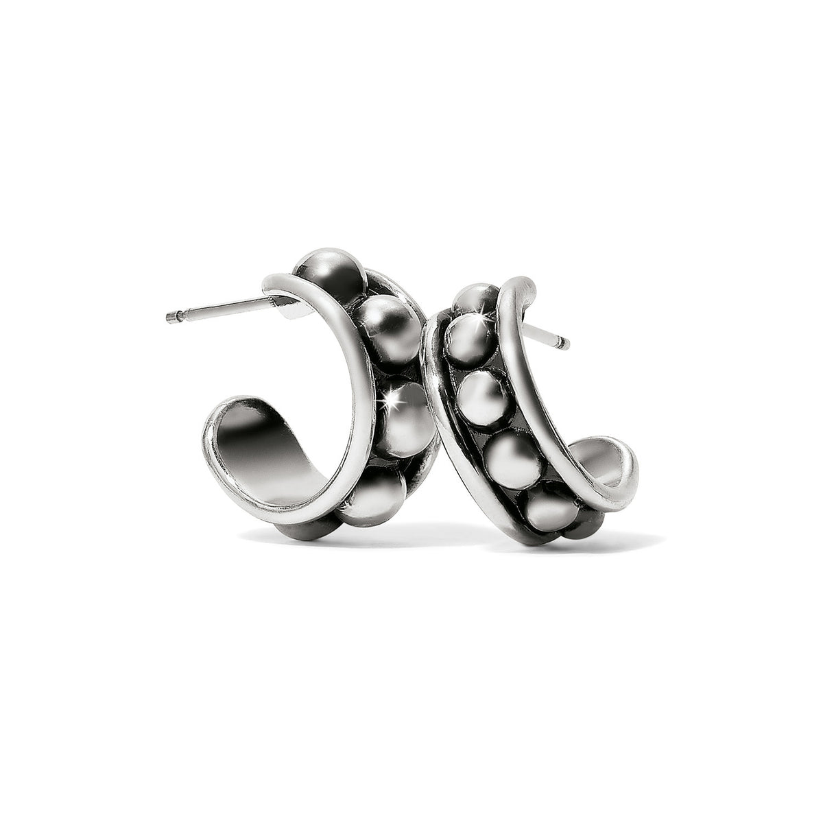 Silver plated post hoop earrings with dark antiqued silver channel domes