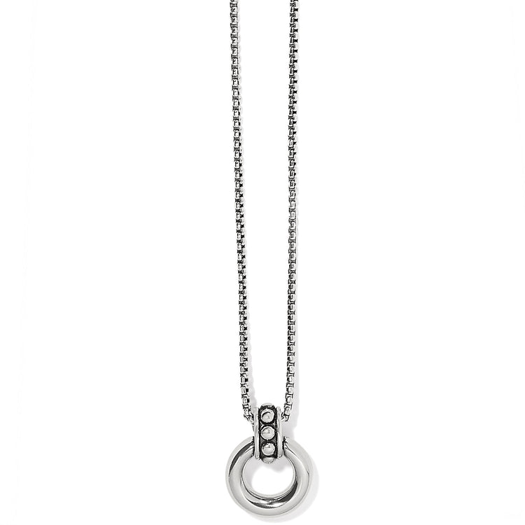 Silver plated adjustable stud ring necklace with sculpted dome bail.