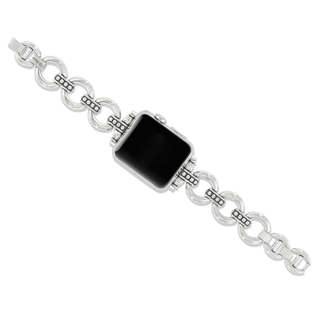 Silver plated fold-over clasp watch band with studded links designed to fit 38mm and larger cases.