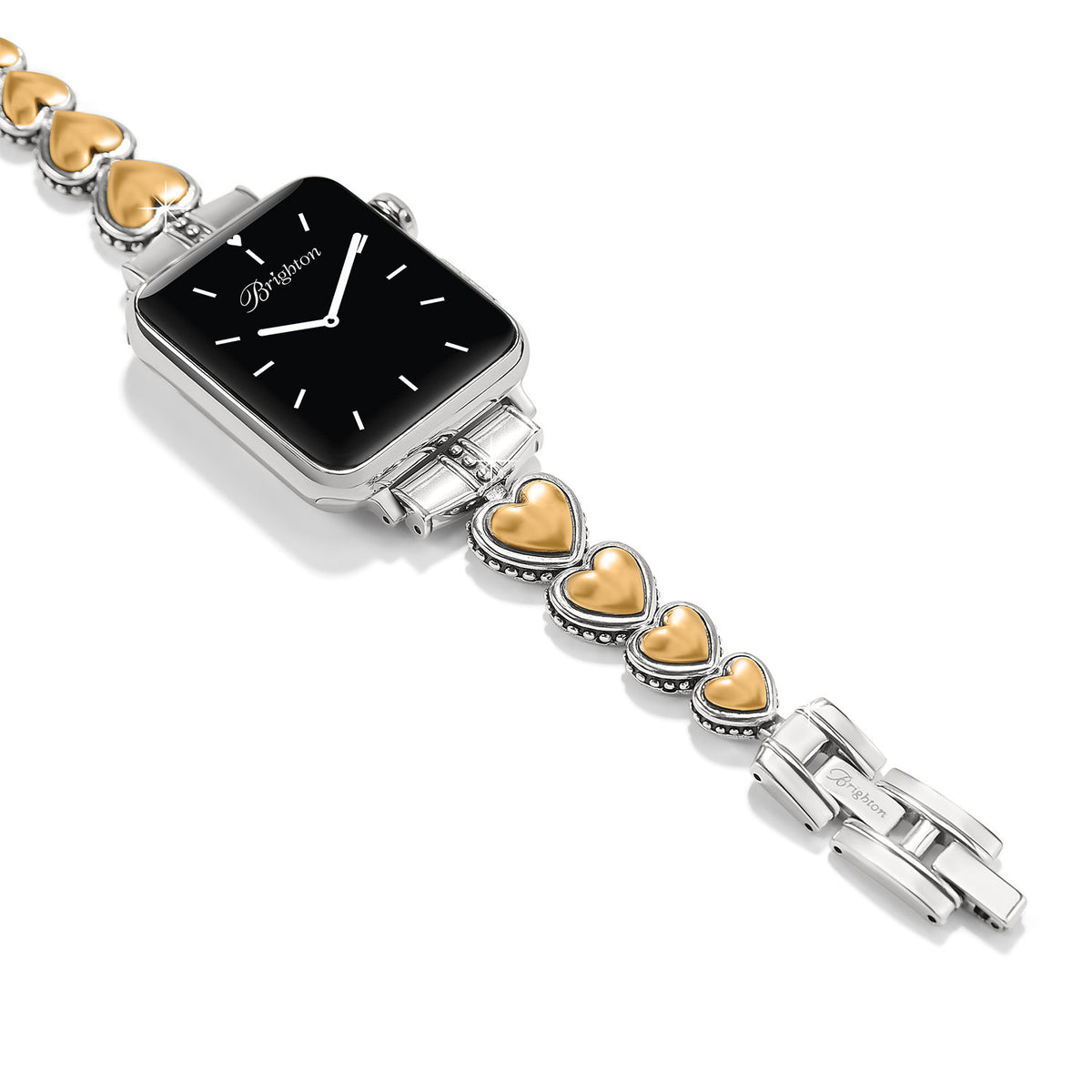 Silver and gold two-tone heart-shaped watch band with fold-over clasp