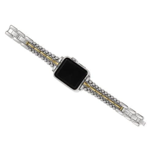 Silver and gold two-tone fold-over clasp watch band with removable links.