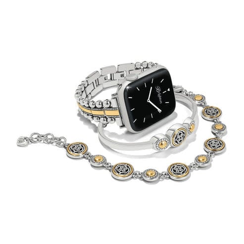 Silver-gold two-tone fold-over clasp watch band with removable links designed for 38mm cases.