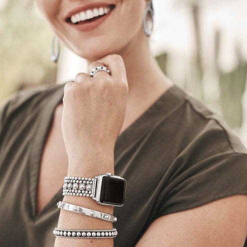 Silver plated wide watch band with fold-over clasp extenders