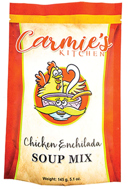 Carmie's Kitchen Chicken Enchilada Soup Mix in a 145g red and yellow pouch with a cartoon chicken.