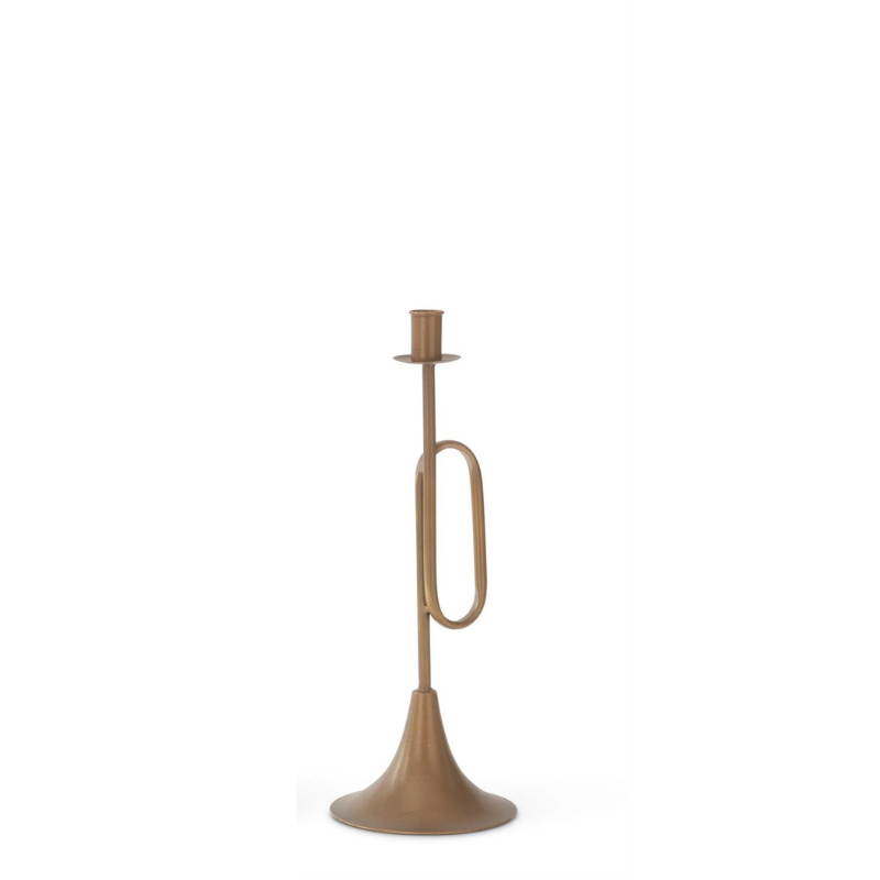 Gold trumpet-shaped iron taper candleholder with a brass-style finish on a white background.
