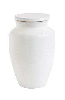 Round white terra cotta cachepot with a smooth matte finish.
