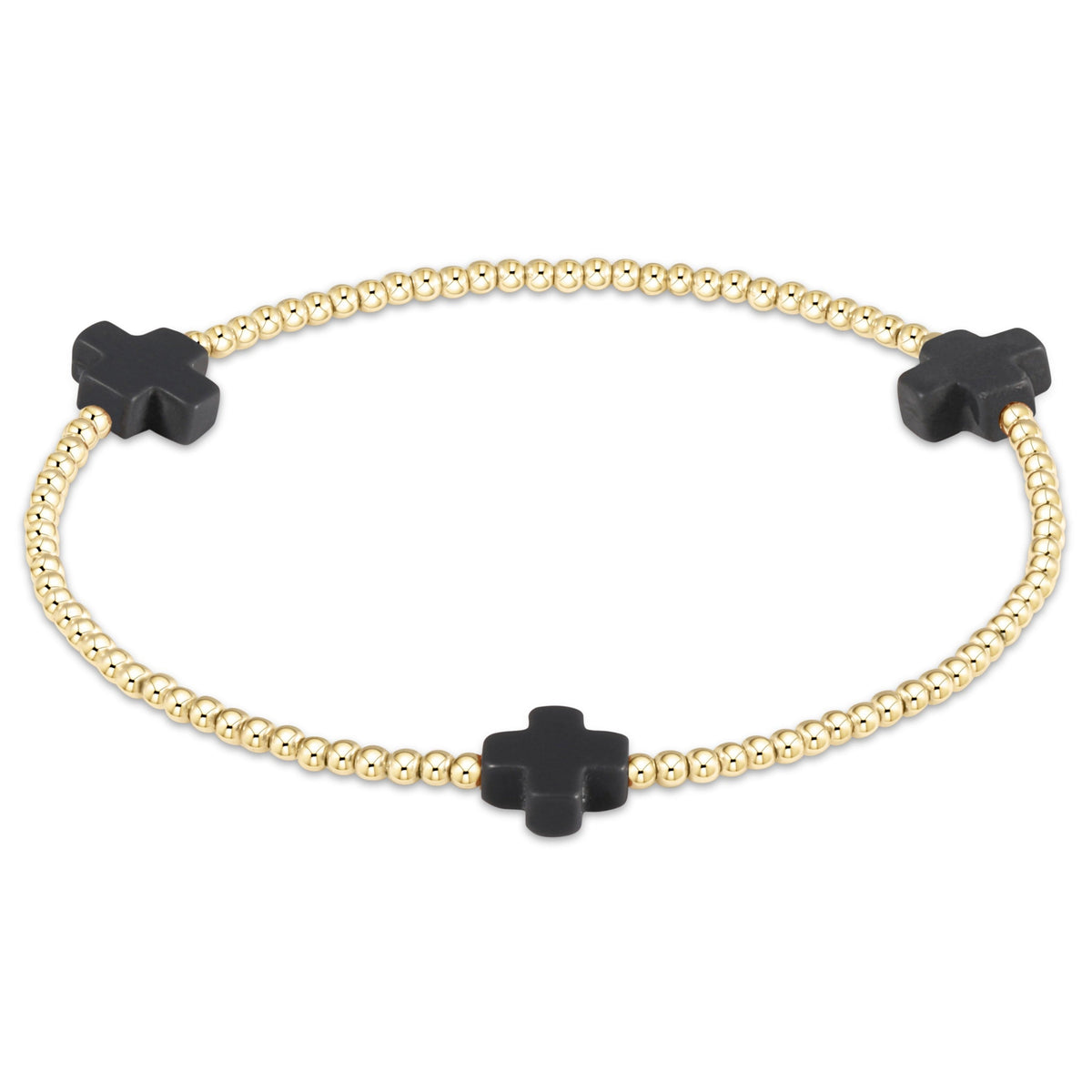 Signature Cross Gold Pattern 2MM Bead Bracelet with three black cross charms on a gold bead strand.