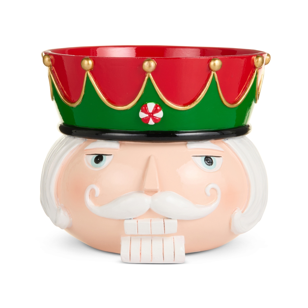 6.5-inch nutcracker head container with a red and green crown and white mustache.