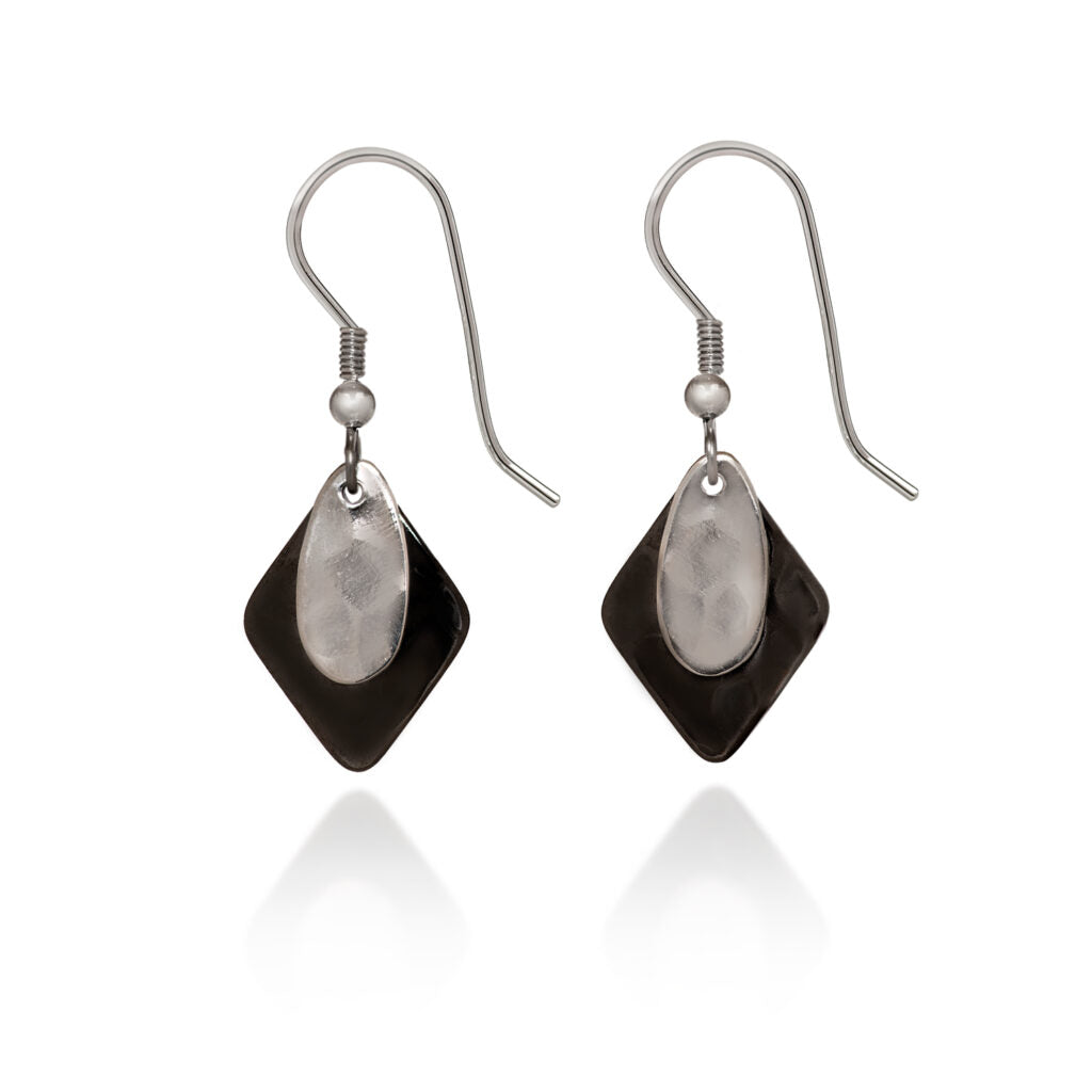 Silver Classic Layered Shapes Earrings with hammered metal and black diamond-shaped drops.